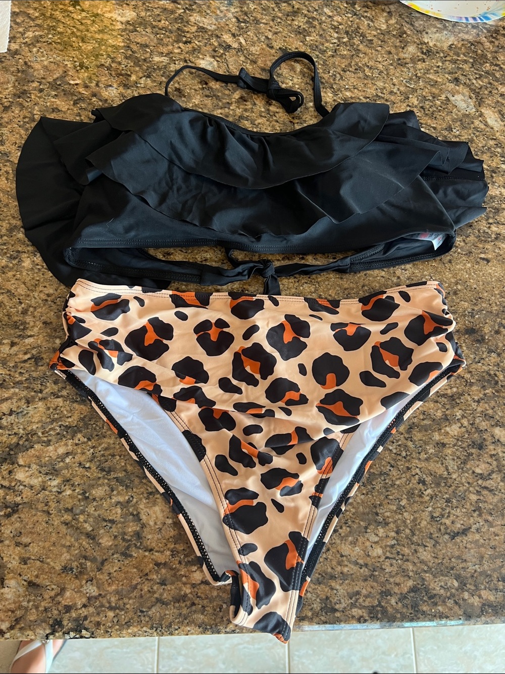 NWOT Women’s Two-Piece Swim Set - Black Ruffle Top & Leopard Print Bottom